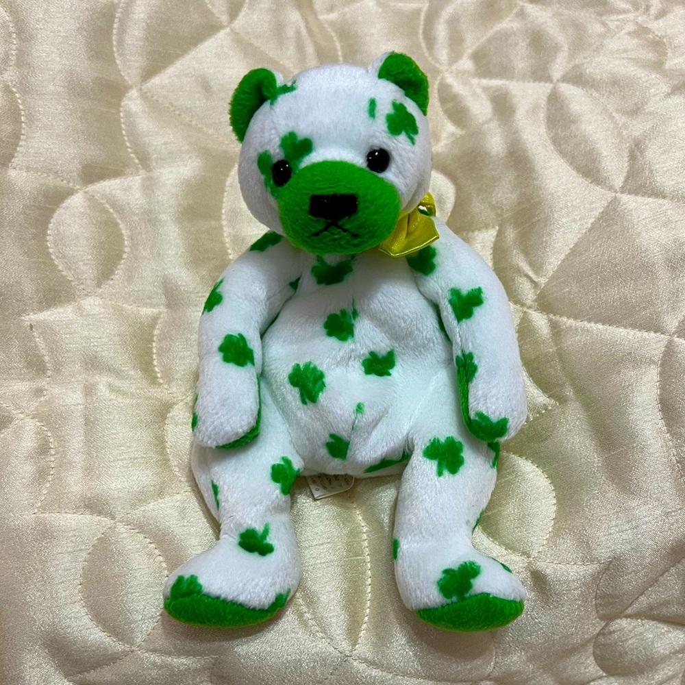 Clover The Bear TY Vintage Beanie Baby Green White Plushie Collectible Toy Holo
